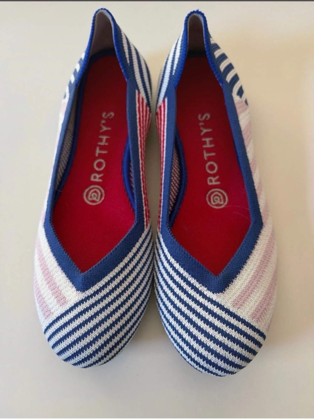 Rothy's Mixed Stripes Knit Ballet Flats - Blue, White & Pink 6.5